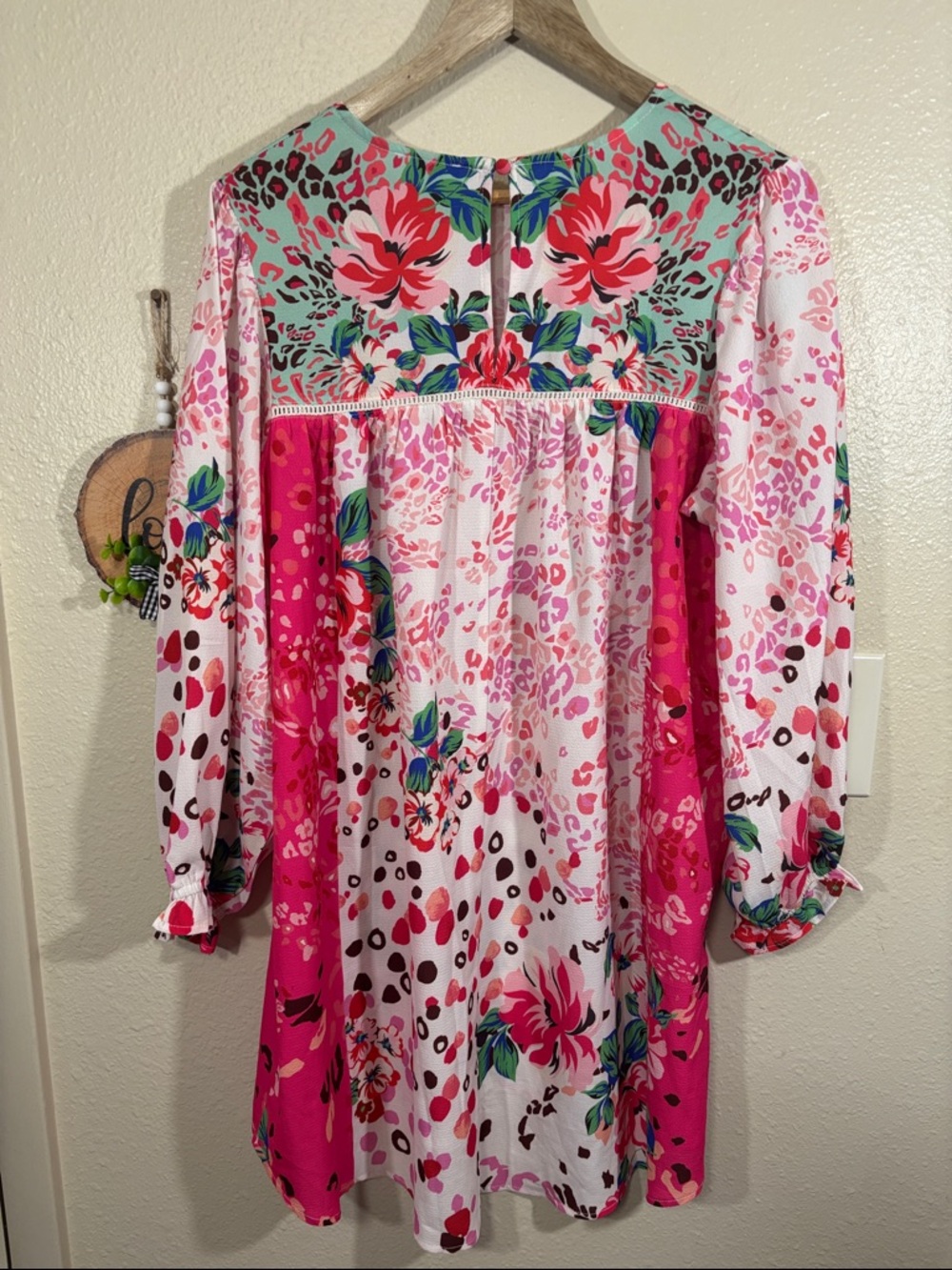 Umgee Boho Oversized Pink Floral & Tropical Leopard Print Top Size S - Picture 5 of 6